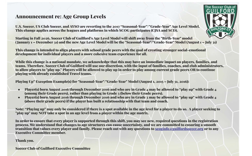 Announcement re: Age Group Levels