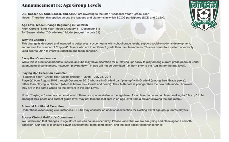 Announcement re: Age Group Levels